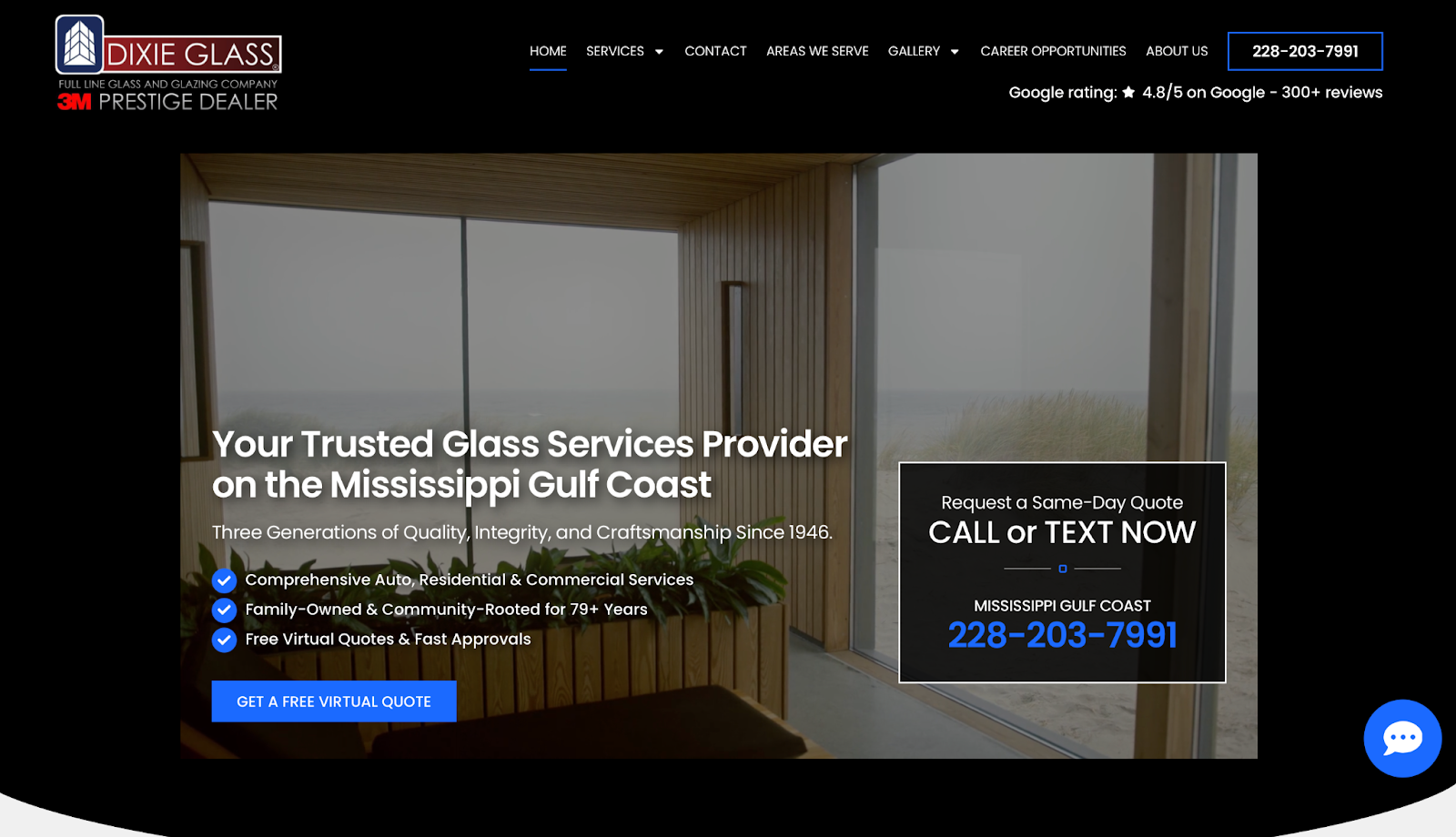 Dixie Glass new website homepage design